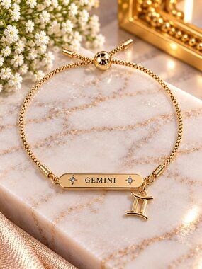 Gemini Gold Reversible Bar Adjustable Bracelet w/ Gemini Charm - Fashion Jewelry
